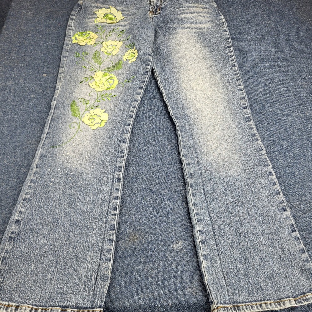 DG2 Diane Gilman Embroidered Floral Rhinestone Bootcut Jeans Blue Size 12